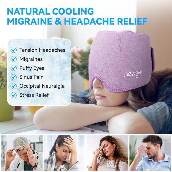 NEWGO Migrane Relief Head Ice Wrap, Reusable Hot Cold Therapy Headache Hat Ice Cap for Chronic Migraine, Tension Headache, Chemotherapy, Stress Relief, Puffy Eyes (Purple)