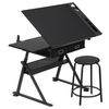 Adjustable Drafting Table Tilting Tabletop Art Craft Desk with 2 Drawers, Stool