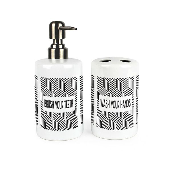 Geometric Bathroom Set - Refillable Ceramic Soap Dispenser & Toothbrush Holder