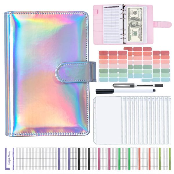 Budget Planner Budget Binder - ANYUKE A6 Budget Planner Geldumschläge Umschlagmethode, Budgetplaner Geld Organizer Sparbuch mit Folien für Finanzplaner, Geld Sparen Mappe, Cash Stuffing - Laser Silber