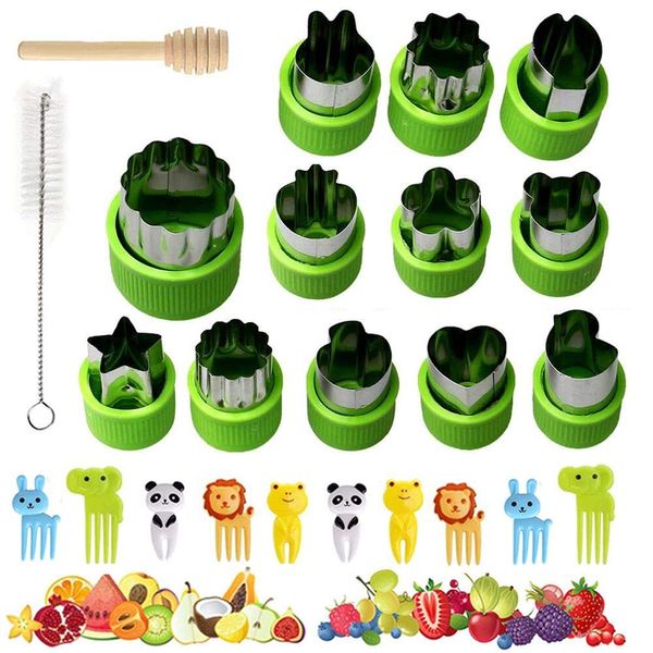 Vegetable Cutters for Kids Set, 12 Pcs Stainless Steel Fruit Shape Cutter Sandwich Cutters for Kids, Cookie Cutters Mold/Food Picks for Kids with 10 Fruit Animal Picks, Brush and Wood Stick