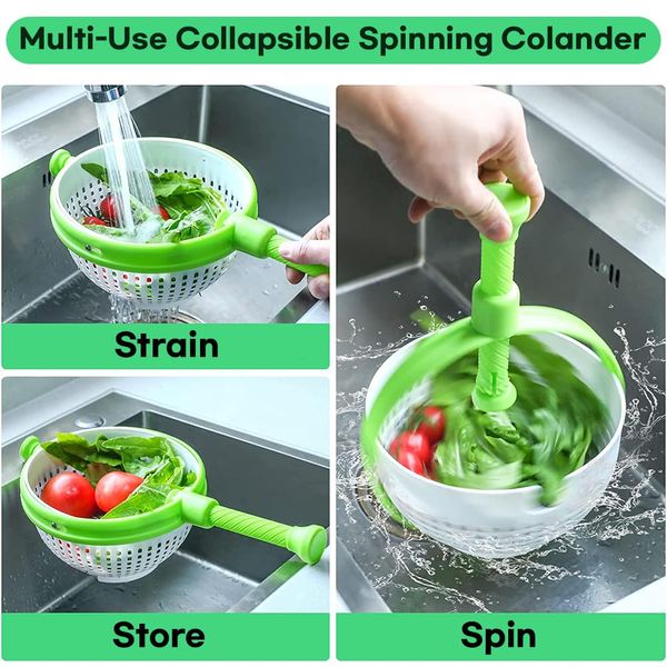 BANU Salad Spinner, Multi-Use Kitchen Collapsible Spinning Colander with Handle, Strainer, Washer Dryer Drainer Compact Storage, for Washing, Cleaning & Drying Greens, Vegetables, Fruits