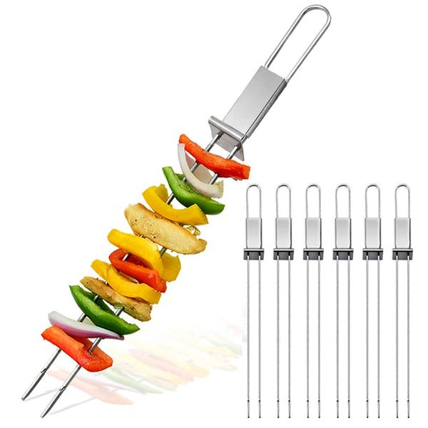 Barbecue Skewers, CMYK 6-Pack 13" Stainless Steel Grilling Skewers with Slider, Reusable Metal BBQ Shish Kabob Skewers Sticks