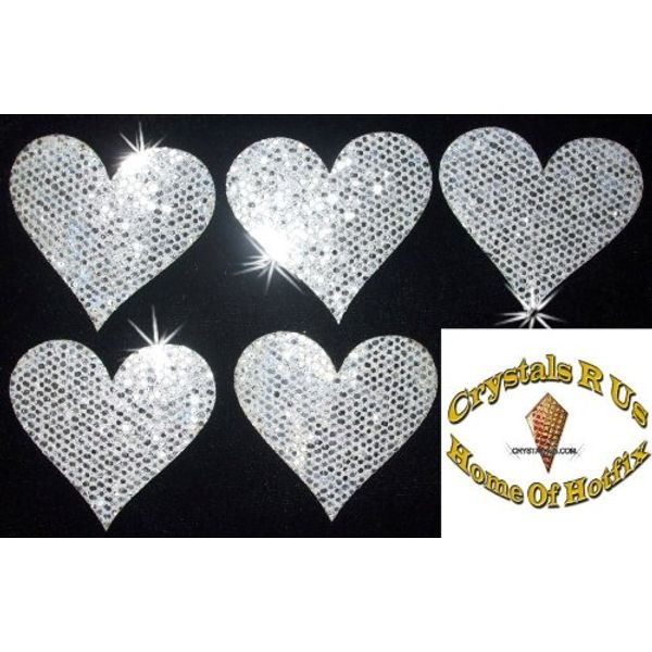 Silver 10 Fabric Sequin 40mm Hearts Iron-On
