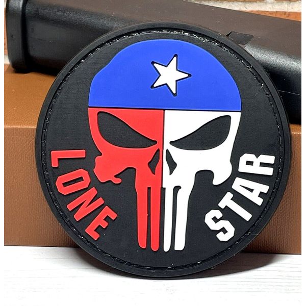 PVC Tactical Morale Patch, Punisher Skull Texas Flag Patch,  Lone Star Gun Patch