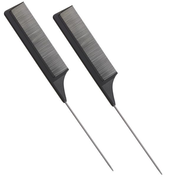 2 Pack Carbon Fiber Rat Tail Combs - Carbon Fiber, Stainless Steel Pintail, Heat Resistant, Hair Comb Set for Braiding, Parting, and Styling, 9 Inches Long - Black