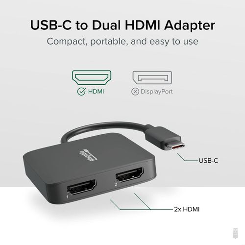 Plugable USB C to HDMI Adapter for Dual Monitors 4K 60Hz, Compatible with Windows, Chromebook, USBC Thunderbolt USB4 Laptops, MST Extended Display Type C Multi HDMI Port Adapter, Driverless USBC-MSTH2