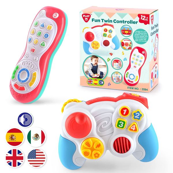 PLAY Baby Controller Toy - Bilingual Spanish & English Learning Toys, Pretend Video Game Controller & TV Remote Combo with Music and Light, Christmas Birthday Gift for Infants Toddlers 12+ Months