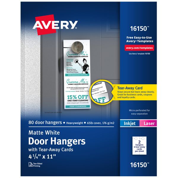 Avery Printable Door Hangers with Tear-Away Cards, 4.25" x 11", Matte White, 80 Blank Door Hangers for Laser and Inkjet Printers (16150)