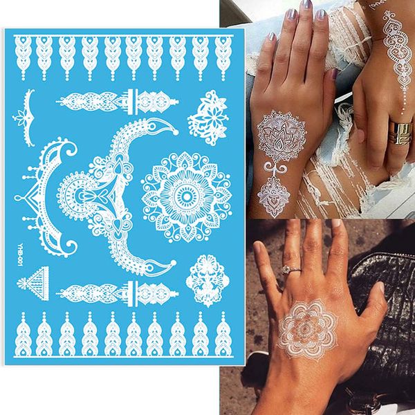 6 Sheets White Henna Temporary Tattoos for Women Girls Lace Fake Tattoo Stickers Mystery Sexy Mandala Flower Body Art Design Waterproof Henna Sticker DIY Wedding Party Supplies Favors Goddess Look