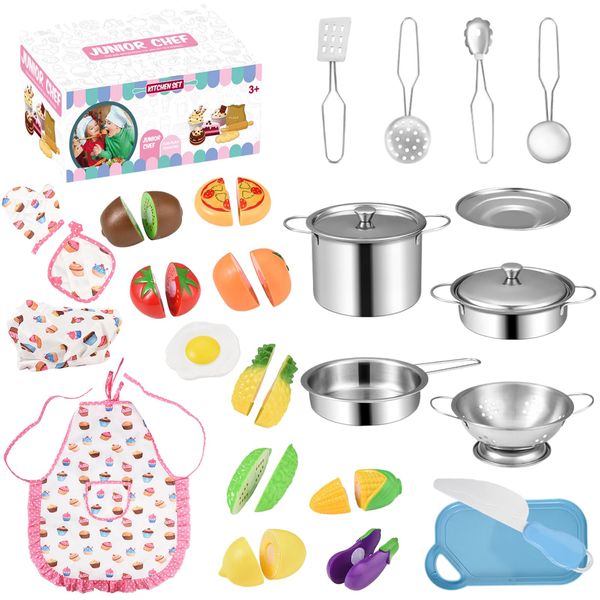 Kids Kitchen Accessories Set, Kitchen Cooking Toys Vegetable Cutting Toys with Stainless Steel Cookware Pots and Pans Set Cooking Utensils Apron for Toddler Boys Girls Role Play Learning Tools