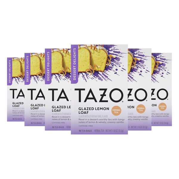 TAZO Glazed Lemon Loaf Herbal Tea Bags for Health and Wellness, Aromatic Blend, Caffeine-Free, 15 Count (Pack of 6)