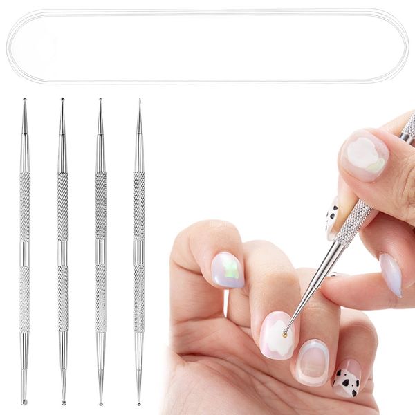 4pcs Nail Art Paint Dot Tool Set, Dotting Painting Pen Polish Carving Tackle, Manicure Drawing Kit for Salon Home Nail Art Professional Enthusiast(Silver,Size:12.5cm)