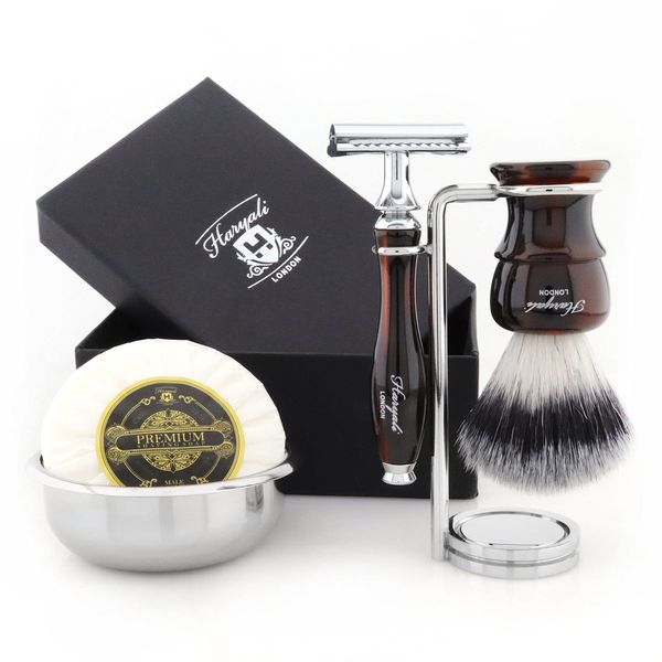 Haryali London 5 Pc Mens Shaving Kit Double Edge Safety Razor with White Badger Hair Brush, Stand, Bowl and Soap Perfect Set for Men