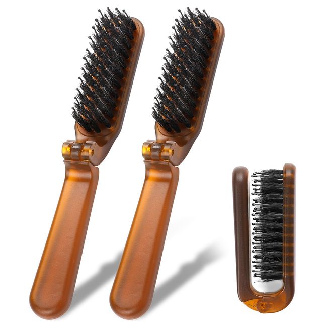 2 Pack Folding Hair Brush, Travel Size Brush with Natural Boar Bristles and Nylon Pins Collapsable Small Hair Brush Mini Compact Brush for Hair Restore Shine and Smoothing Detangling