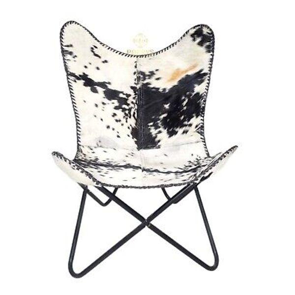 Black & White Cowhide Hair Leather Butterfly Chair Lounge Accent Relax Arm Chair