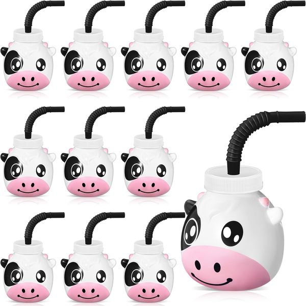 Roshtia 12 Set Farm Animal Cups with Straws and Lids 11 oz Plastic Reusable Animal Themed Cups Cute Animal Sippy Cups for Kids Birthday Farm Theme Party Favor Supplies (Cow)