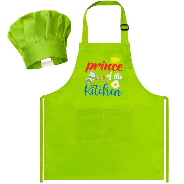 Kid Apron and Chef Hat Set - R HORSE 2Pcs Adjustable Children Light Green Kitchen Apron, Dress up Role Play Chef Toy Cooking Baking Painting and Training Kits Kid Funny Cooking Birthday Gift for Kids