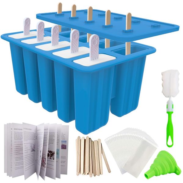 Homemade Popsicle Molds Shapes, Silicone Frozen Ice Popsicle Maker-BPA Free, with 50 Popsicle Sticks, 50 Popsicle Bags, 10 Reusable Popsicle Sticks, Funnel and Ice Pop Recipes(Blue)