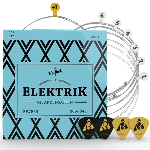 BELFORT® E-Gitarren-Saiten - Erstklassige Nickel-Gitarrensaiten für E-Gitarre (6-Saiten-Set) | inkl. 4 Plektren + Extra hohe E-Saite (Saiten E-Gitarre, Guitar Strings) E Gitarre Zubehör