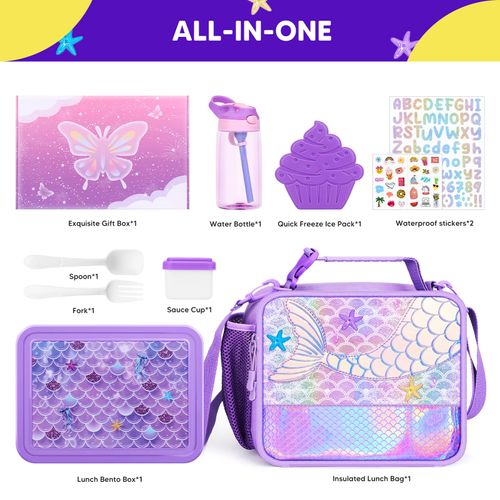 JYPS Mermaid Bento Box for Kids with Insulated Lunch Bag, Lunch box Set with kids water bottle,Sauce Container,Ice Pack,Utensils,Perfect Lunch Container for Girls and Toddlers Back to School Age 7-15