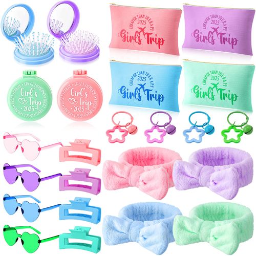 Sanwuta 24 Pcs Girls Trip Gifts Favors 2025 Girls Bachelorette Party Weekend Favors with Makeup Bags, Sunglasses, Mirror, Comb, Hair Clips & Headbands for Travel, Vacation, Camping, Party