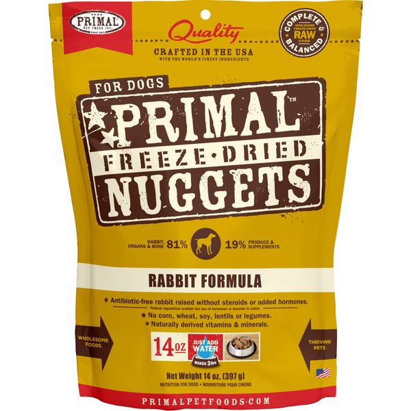 Primal Freeze Dried Dog Food Nuggets, Rabbit; Complete & Balanced Meal; Also Use as Topper or Treat; Premium, Healthy, Grain Free, High Protein Raw Dog Food, 14 oz