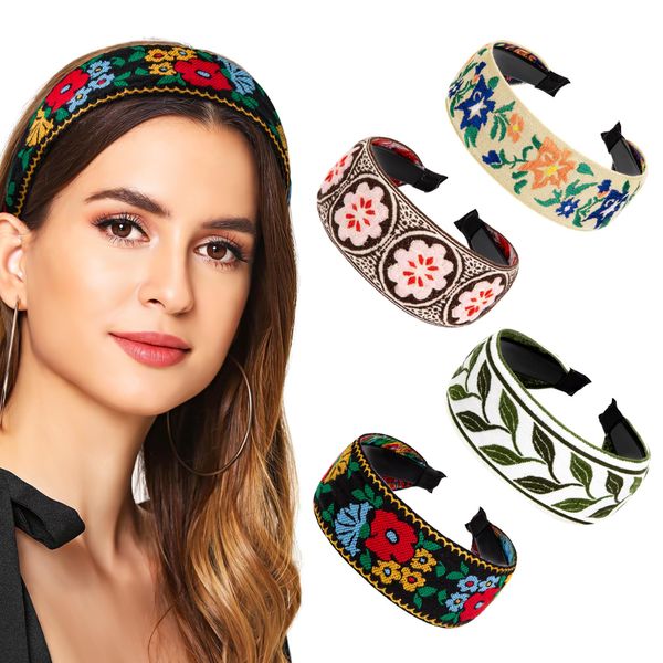 4er Stirnband Damen Blumen Vintage, Haarband Haarreifen Headwrap Turban-Kopf-Verpackungs Haarschmuck, Breite 84.5cm Retro Sommer Blumen Stirnband für Kostüm Dusche Yoga