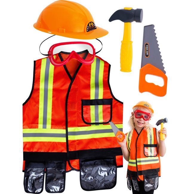 TeganPlay Construction Worker Costume for Boys Role Play Dress Up Kids Construction Vest with Hard Hat and Toy Tools for 3-8 years old