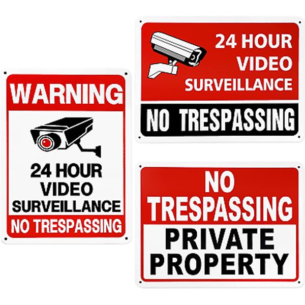 3-Pack Private Property No Trespassing Sign, 24 Hour Video Surveillance Signs Ou