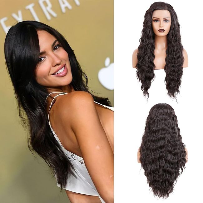 Salomezklm Schwarze Lace Front Perücken,Glueless Lace Perücken Synthetische Lange Wellige Perücke Hitzebeständige Faser Natürliches Schwarzes Haar Mit Babyhaar Für Frauen 24 Zoll