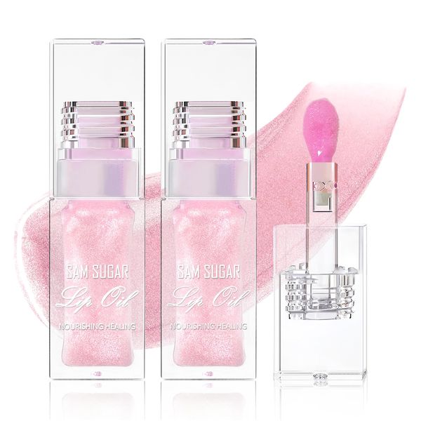 Prreal 2PCS Color Changing Lip Oil, Shimmer Lip Glow Oil with Big Brush, Hydrating Temperature Color Change Lip Gloss Lip Balm, Long-Lasting Lip Oil Tinted for Lip Care