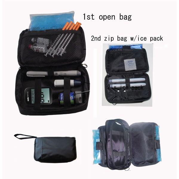 Double bag diabetic cooler organizer bag - with 2 x ice pack-Black