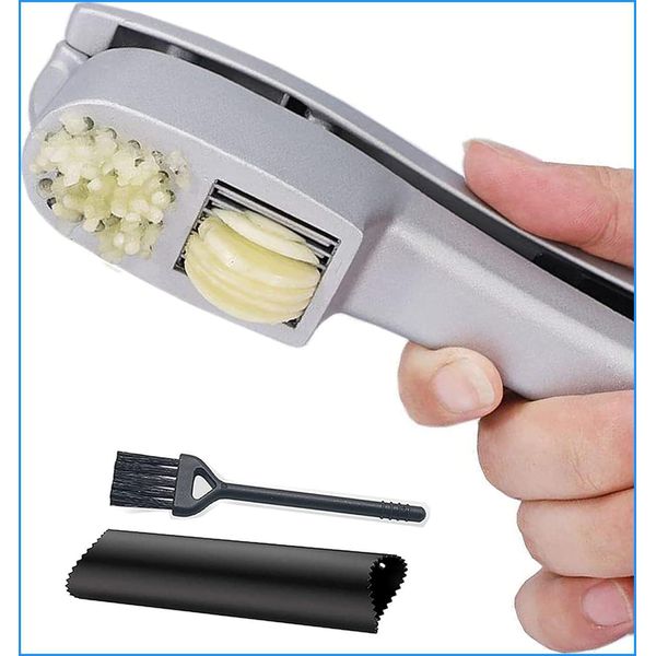 Garlic Press, 2 in 1 Garlic Mince Slice with Cleaner Brush, Silicone Tube Peeler