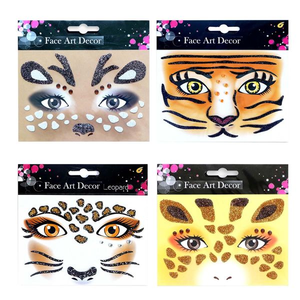 ALEGRE Pack of 4 Face Tattoos, Leopard Face Art Stickers, Tiger Temporary Tattoo, Giraffe Glitter Sticker, Face Tattoo, Carnival, Leopard Costume, Women's Accessories for Theme Party, Fancy Dress