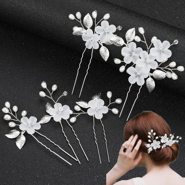 FOLANDO Hochzeit Haarnadeln,5 Stück Braut Haarnadeln Blume Silber Perlen, Hochzeitshaarschmuck Brauthaarschmuck Braut Haarspange Haarkranz Haarclips elegant Brautfrisur Hochzeit