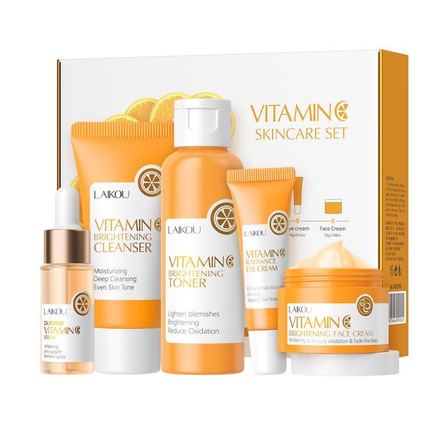 Vitamin C Skincare Set,5 In 1 Gentle Skin Cleaning & Care Travel Size Kit With Cleanser, Toner, Face Serum, Eye Cream, Cream,Moisturizing Face Skin Care Kit，Hydrating Skin, Anti-Aging Skin