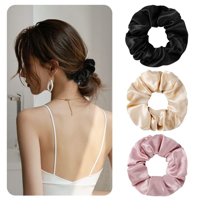 Annhua Silk Hair Elastics, Set of 3, Hair Ties, Silk Hair Ties, 100% Silk Hair Ties, Stylish, Scrunchies, Women's, Lace Display, Adult Cute, Bundled Hair, Beautiful Hair Ornaments, Black, Golden & Pink, Solid Color, Hair Accessories