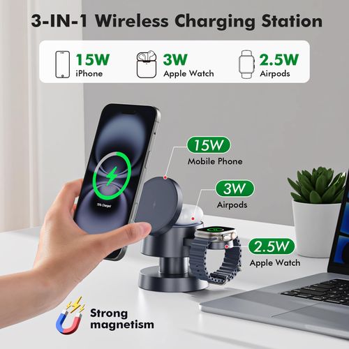3-in-1 Wireless Charging Station with Night Light, Foldable Magnetic Stand Wireless Charger 15W Fast Charging for iPhone 16/15/14/AirPods,2.5W Wireless Charger for Apple Watch Ultra 9/8/SE/7