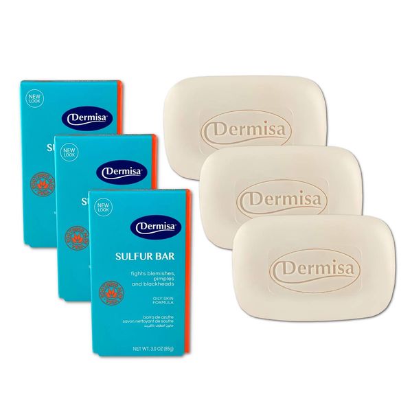 Dermisa Sulfur Bar with Aloe Vera | Helps to Cleanse Oily Acne-Prone Skin and Unclog Pores | Contains Sulfur + Aloe Vera | NO PARABENS, NO ANIMAL TESTING | 3 OZ | Pack of 3