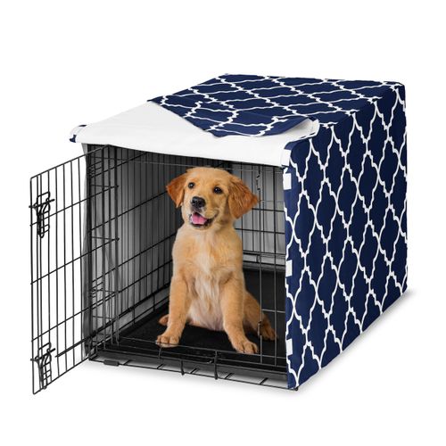 Sweet Jojo Designs 36in. Medium Dog Crate Cover (Navy Blue and White) Pet Cage, Kennel Covers (Neutral, Modern, Geometric for Trellis Collection)