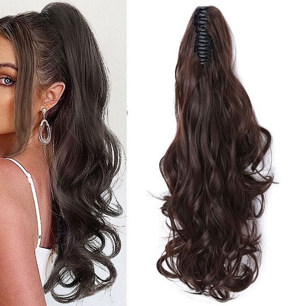 Kralle an Pferdeschwanz Clip in Extensions Haarverlängerung Claw on Ponytail Haarteil One Piece Haarteil Wie Echthaar 45cm Gewellt Mittel braun