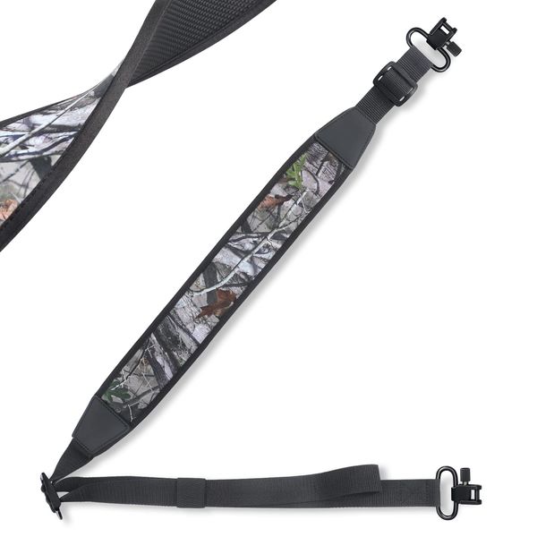 Two Points Rifle Sling, Shoulder Padded Strap Length Adjuster Traditional Sling Inclued Pack of 2 Swivels Sling Mount-Black& Camo