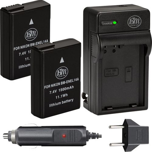 BM Premium Pack of 2 EN-EL14A Batteries and Charger for Nikon D3100, D3200, D3300, D3400, D3500, D5100, D5200, D5300, D5500, D5600, DF, Coolpix P7000, P7100, P7700 Digital SLR Cameras