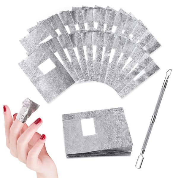 Soodyoow 200 Pcs Nail Foils, Nail Foils for Gel Nails with 1 Pcs Cuticle Pusher, Foil Nail Wraps, Gel Remover Wraps for Fast & Gentle Soak Off Gel Polish Removing