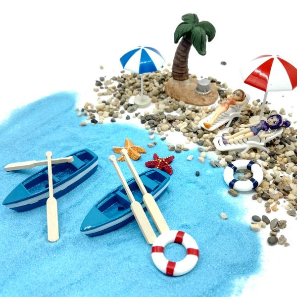 EMiEN 18 Pieces Beach Style Miniature Ornament Kits Set for DIY Fairy Garden Dollhouse Decoration, Blue Sand,Cute Figures,Beach Chair,Boat,Oars,Beach Umbrellas, Coconut Palm,Lift Buoy,Starfish