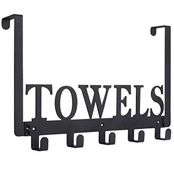 Over The Door Hooks, Towel Holder for Bathroom, Door Mount Towel 5 Hooks Black