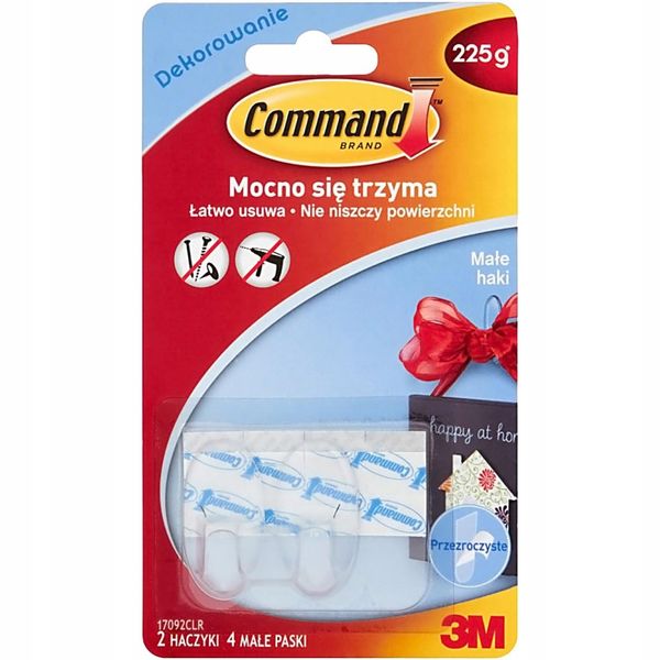 Command 3M Strong Small Clear Hooks with Clear Strips Hold 450g, Pack of 2