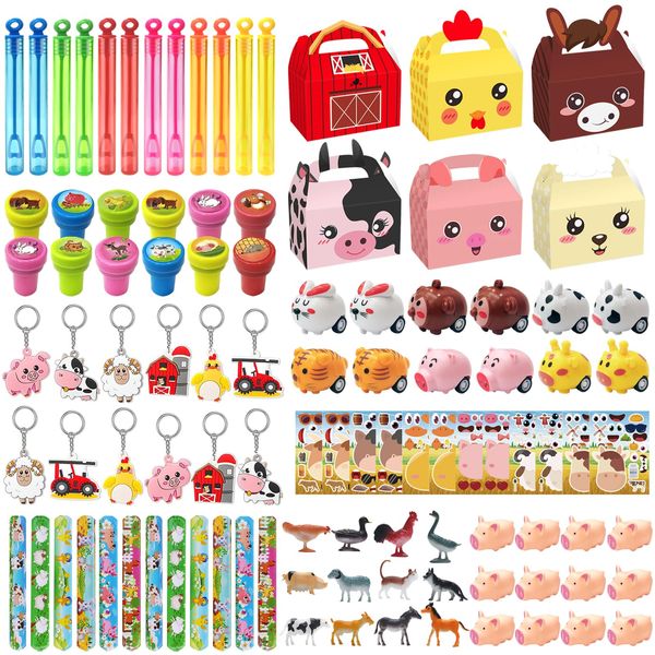 Farm Animals Party Favors Supplies 108 Pcs Birthday Party Decorations Goodie Boxes Bubble Wands Stampers Rubber Pigs Figures Keychains Pull Back Cars Slap Bracelets Stickers Toys For Kids Boys Girls