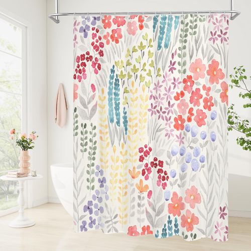 Litabel Cute Colorful Floral Shower Curtain, Boho Blush Pink Flower Shower Curtains for Girls Bathroom Decor, Wildflower Trendy Botanical Waterproof Kids Shower Curtain Set with Hooks 72x72 Inch